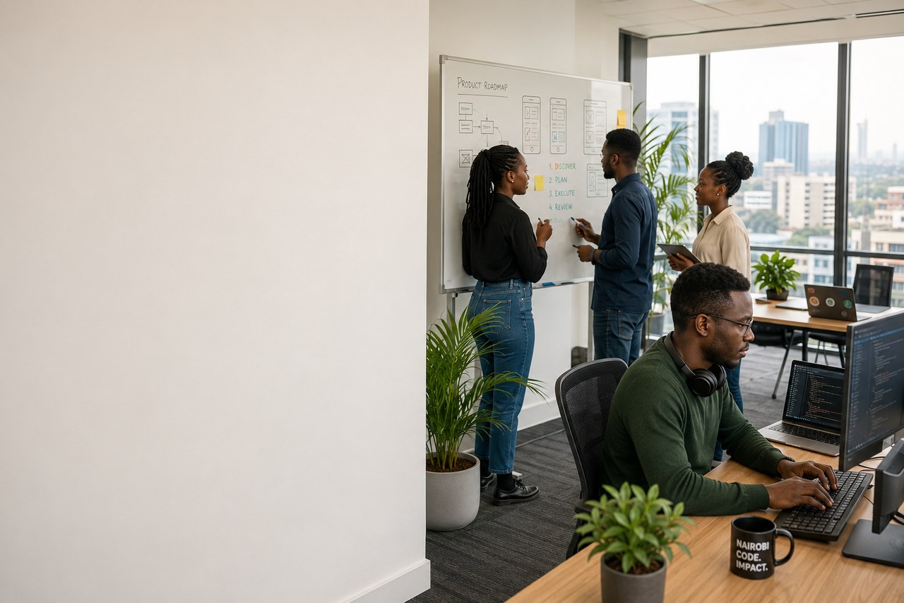 The Vortex Solutions software team collaborating in their Nairobi office