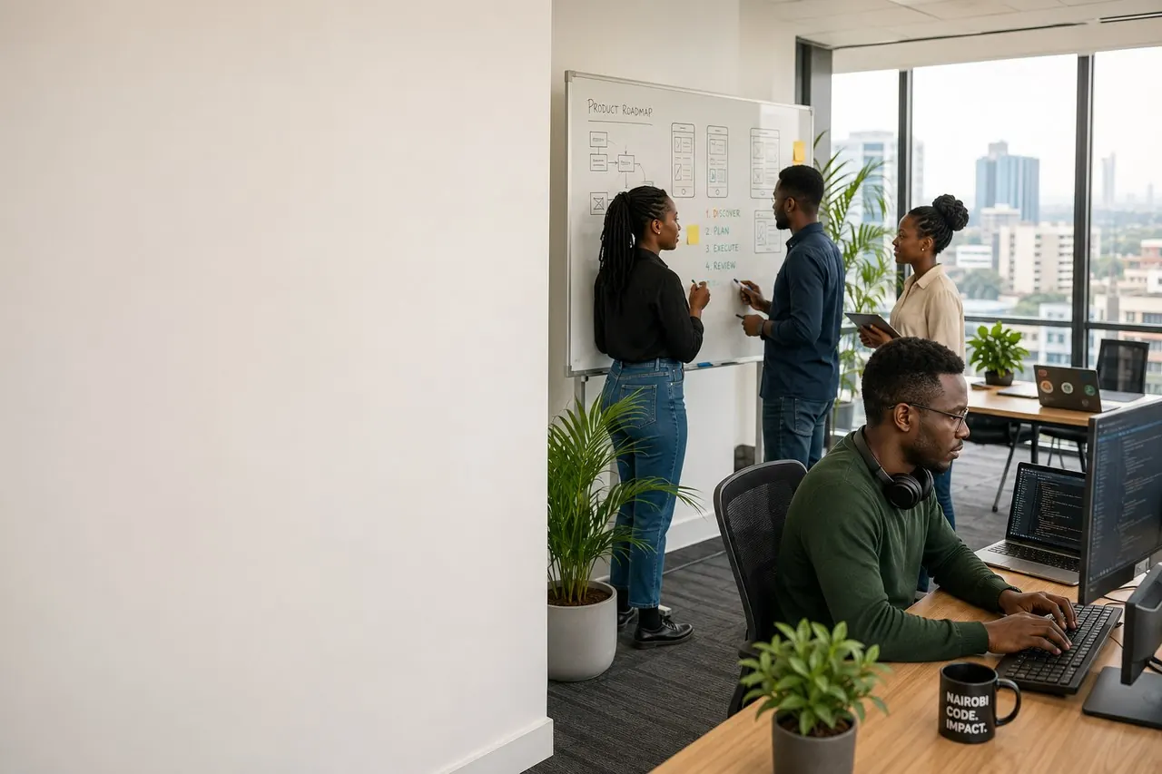 The Vortex Solutions software team collaborating in their Nairobi office
