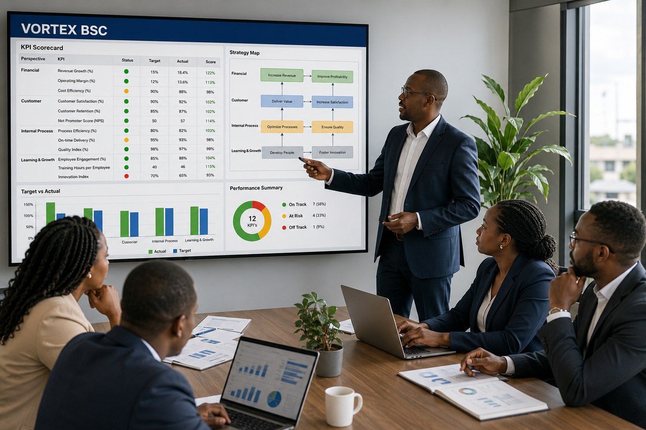 A leadership team reviewing a Vortex BSC balanced-scorecard and strategy map on the boardroom screen