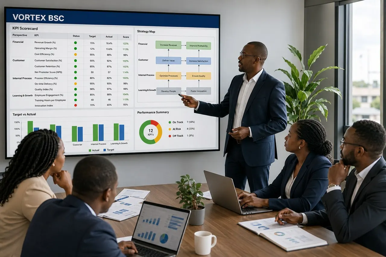 A leadership team reviewing a Vortex BSC balanced-scorecard and strategy map on the boardroom screen
