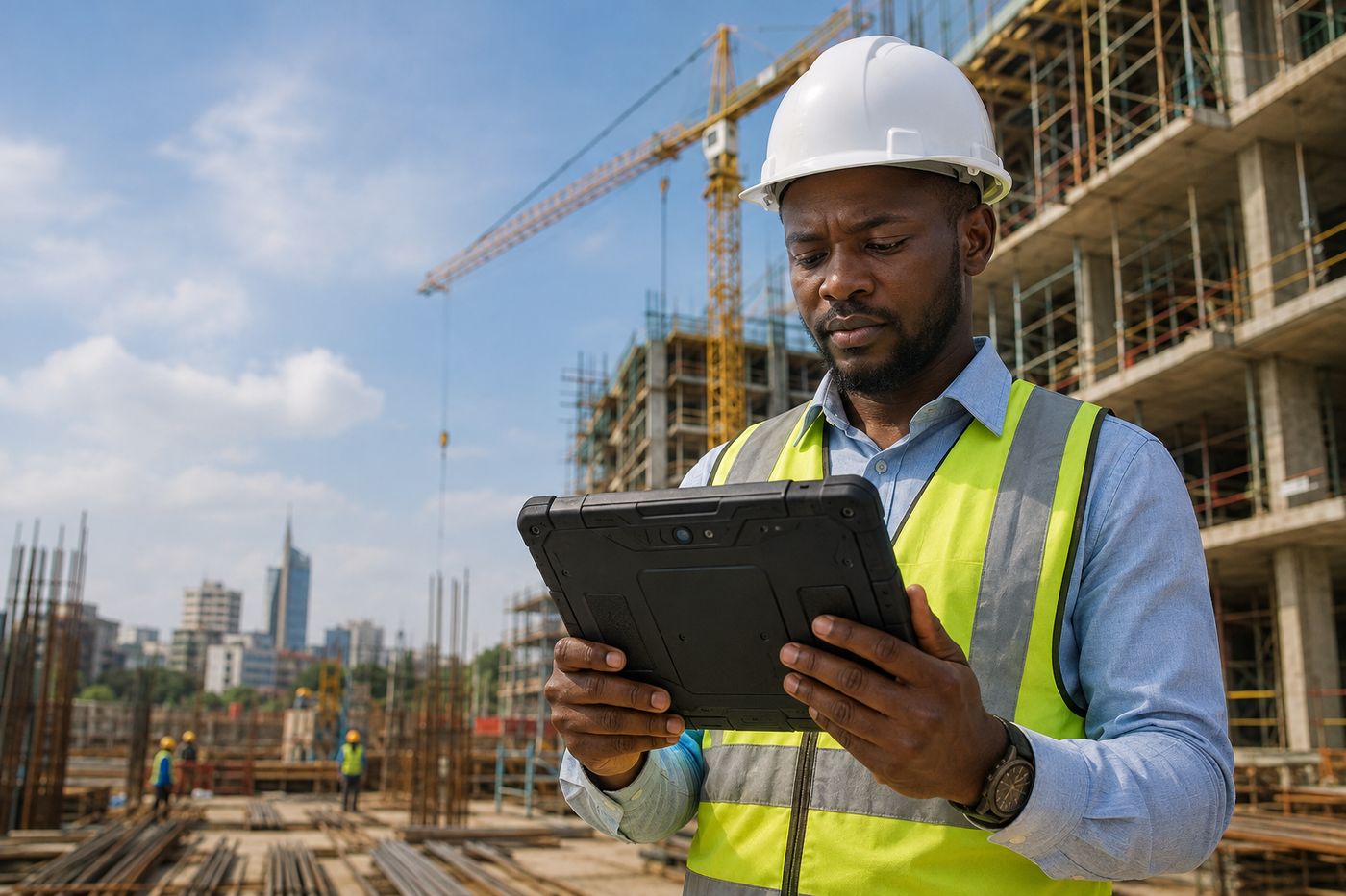 A construction site engineer in a hard hat reviewing project costs on a rugged tablet, VortexERP Enterprise, with a tower crane and building behind