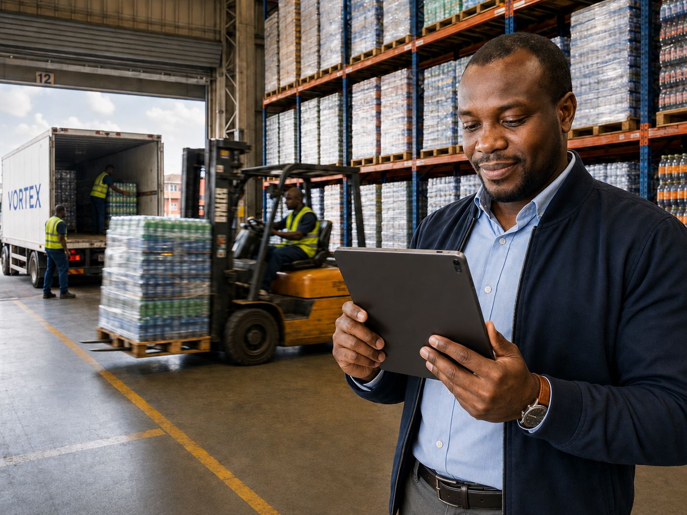 A distribution manager holding a tablet in a busy FMCG distribution centre, a forklift and a Vortex delivery truck loading at the bay behind, running on VortexERP Enterprise