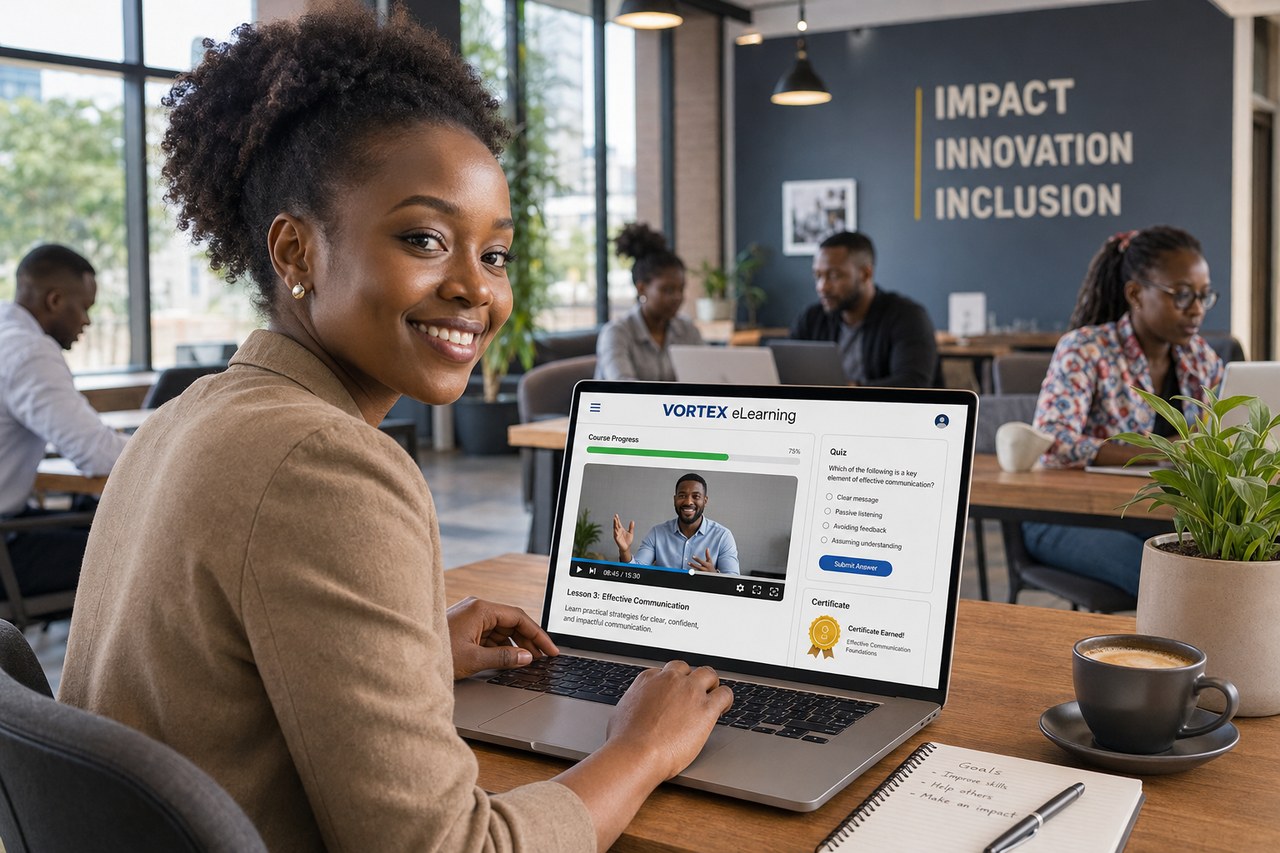 A learner taking a Vortex eLearning course with a video lesson, quiz and certificate on screen