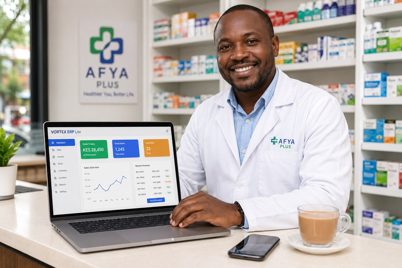 A pharmacy owner running their shop on the VortexERP Lite dashboard on a laptop