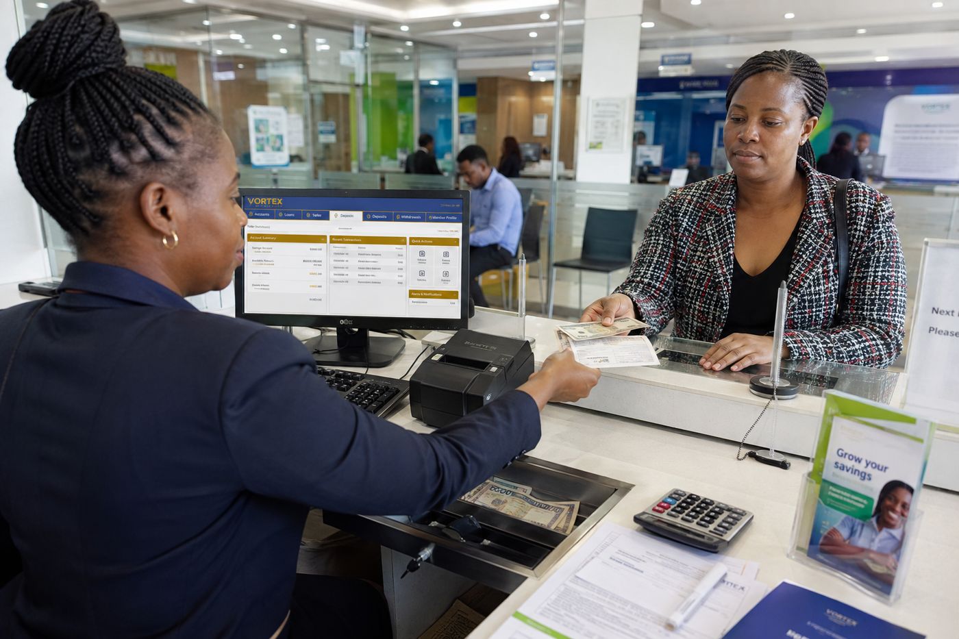 Bankers running savings, loans and the ledger on the FelmuCBS core banking dashboard