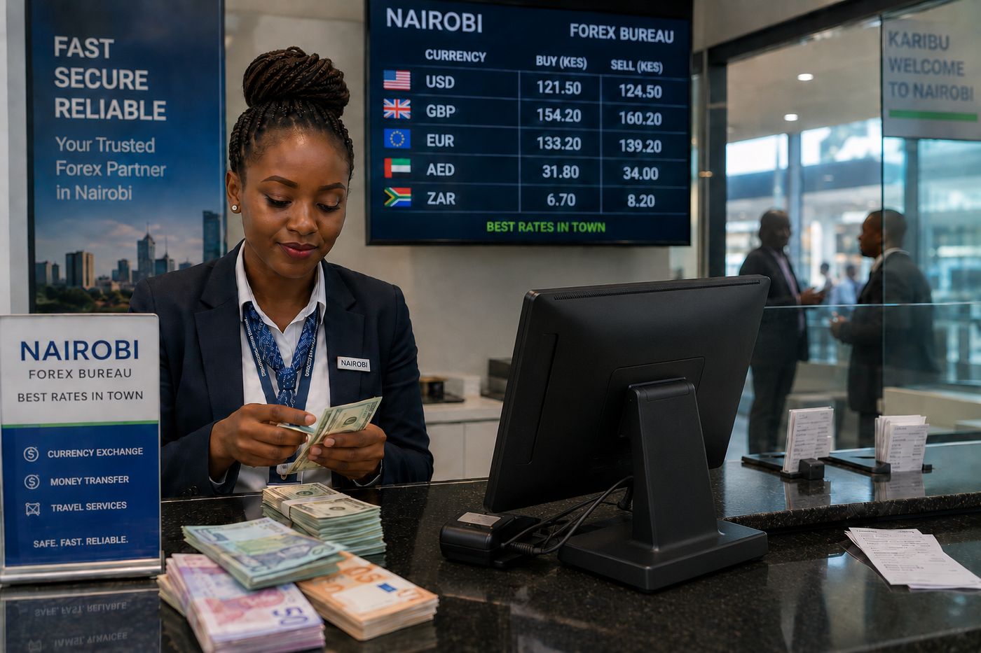A forex bureau teller serving a customer on VortexERP Lite forex software