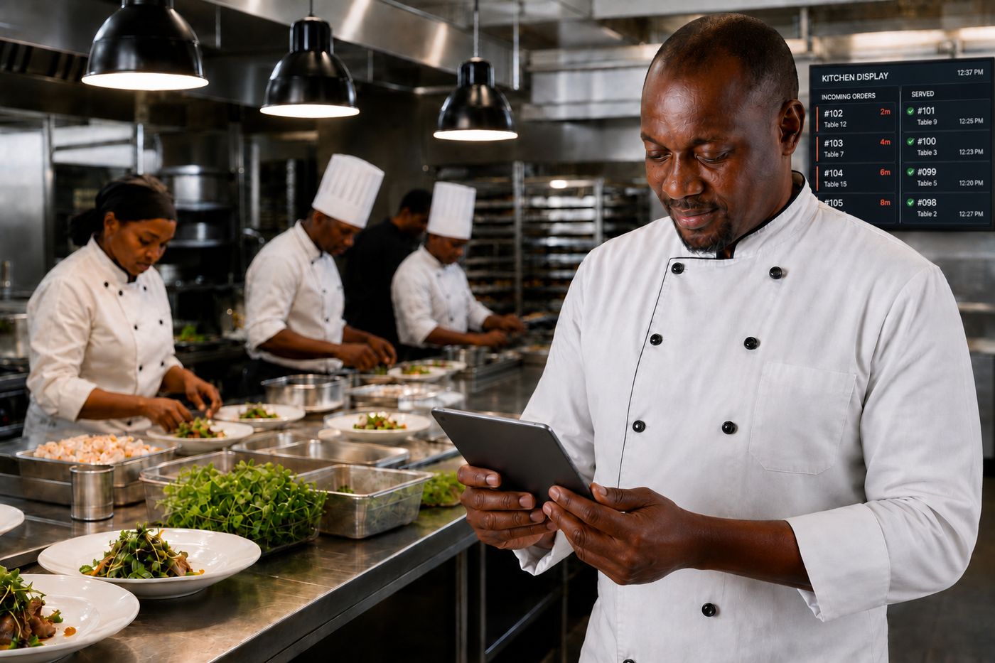 An executive chef holding a tablet in a busy commissary kitchen, a VortexERP kitchen-display screen showing incoming and served orders on the wall behind