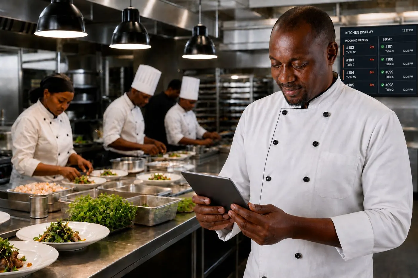 An executive chef holding a tablet in a busy commissary kitchen, a VortexERP kitchen-display screen showing incoming and served orders on the wall behind