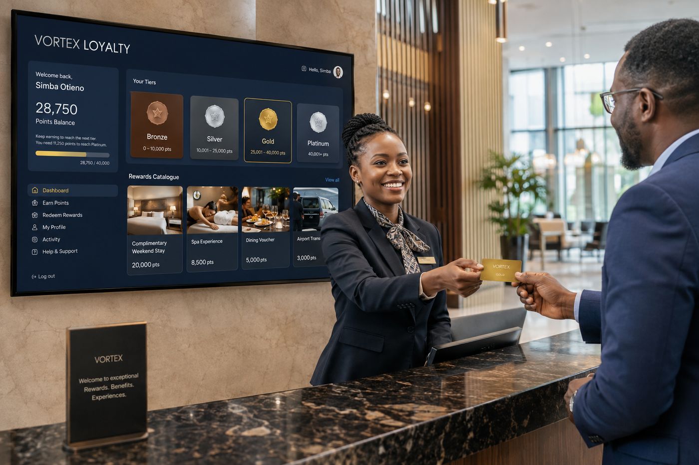 A customer redeeming loyalty points at the till on the VortexLoyalty rewards dashboard