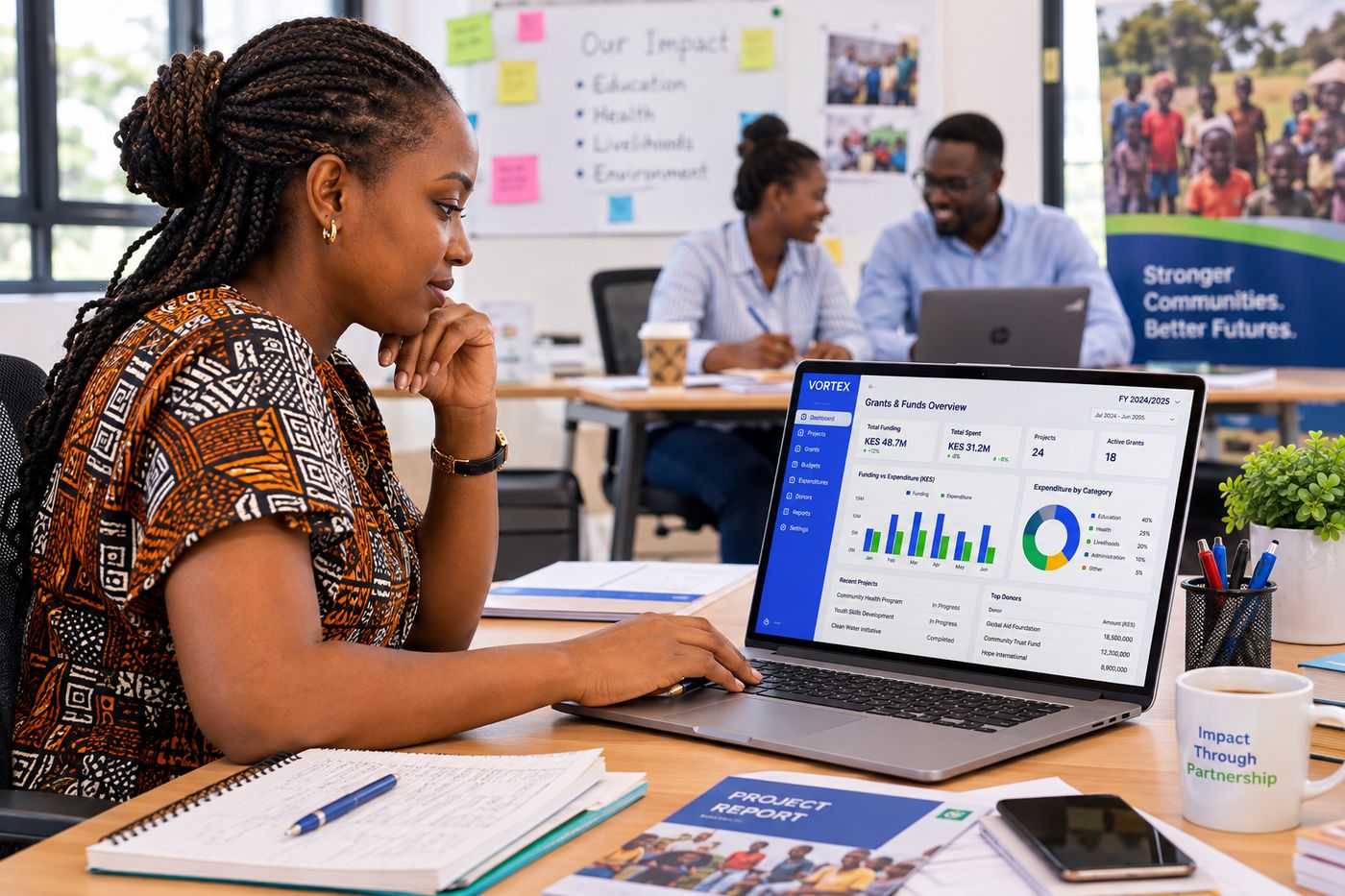 An NGO finance officer tracking grants and funds on VortexERP Lite