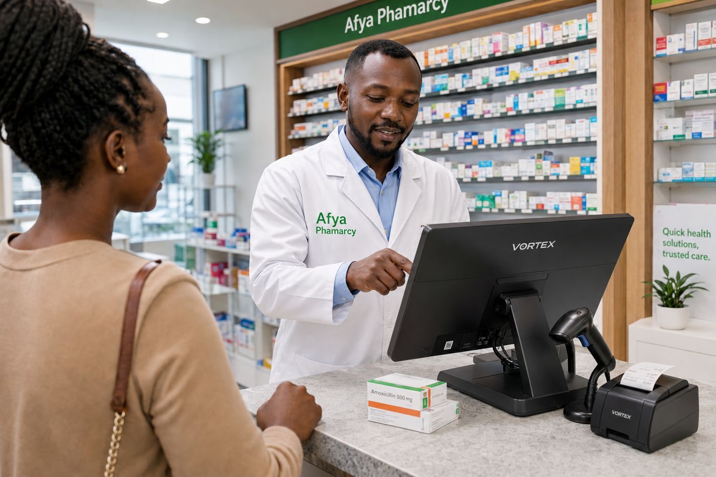 A pharmacist dispensing with batch and expiry control on VortexERP Lite