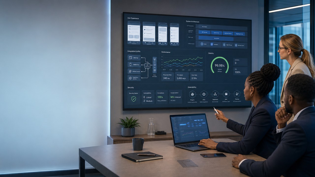 A team reviewing the VortexERP platform architecture, performance and security dashboard on a boardroom screen