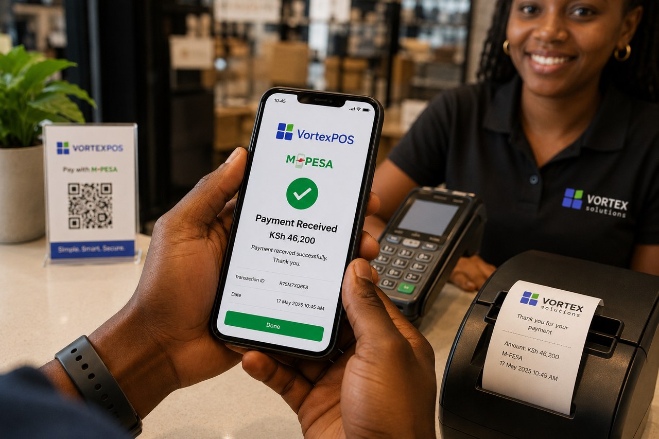 A VortexPOS M-Pesa payment confirmed at the till, with a Vortex Solutions receipt printing