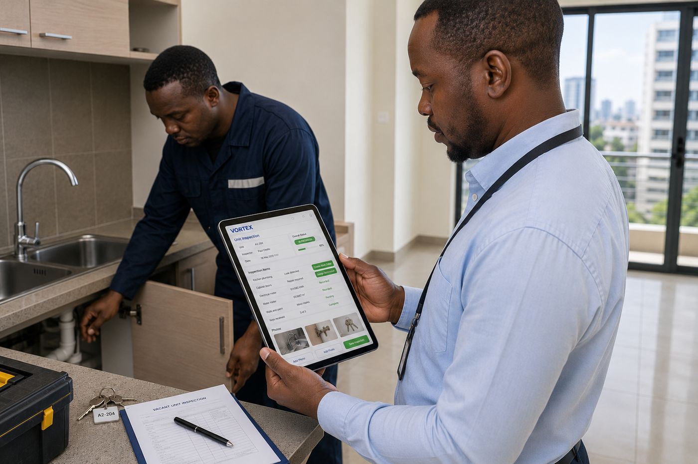 A property manager collecting rent via M-Pesa on VortexERP Lite