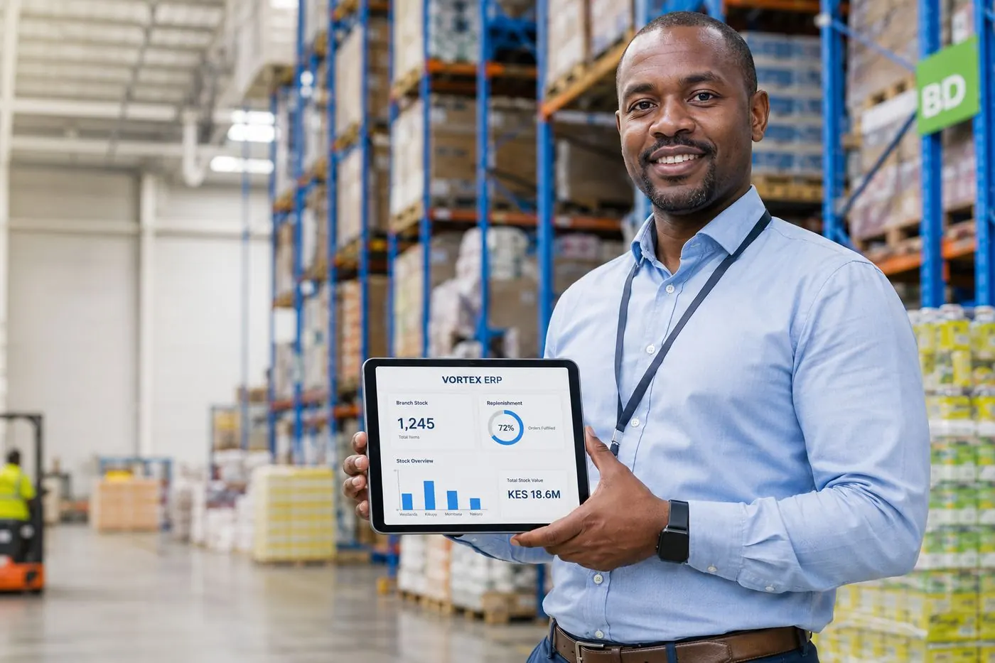 A retail operations manager in a distribution centre showing the VortexERP Enterprise branch-stock and replenishment dashboard