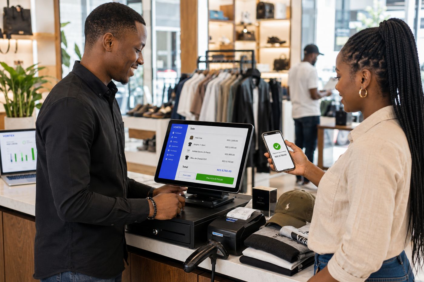 A shopkeeper selling with M-Pesa and eTIMS on the VortexERP Lite retail POS