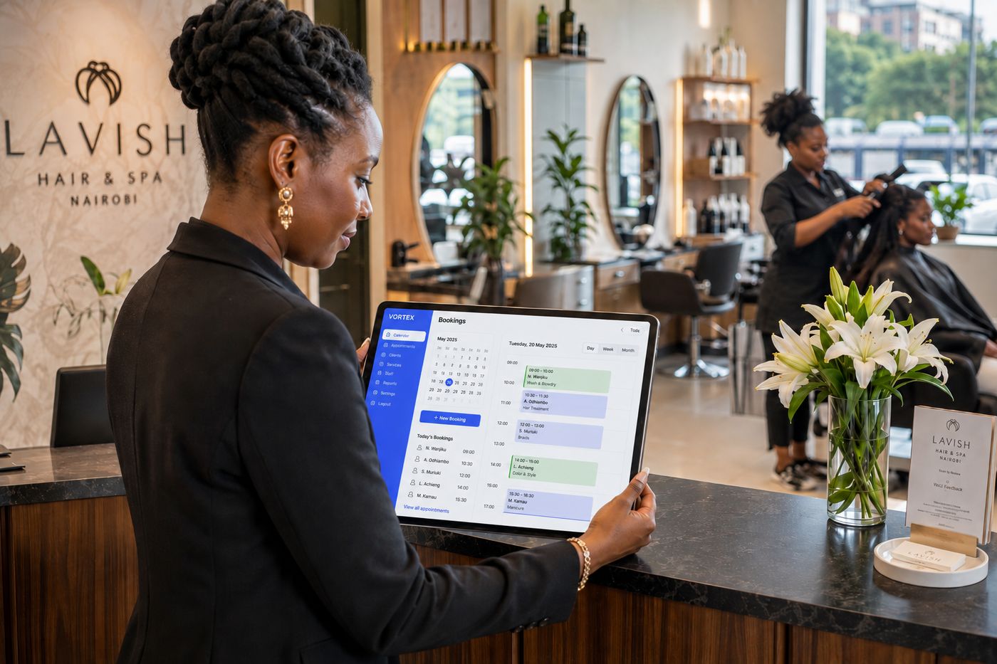 A salon owner booking appointments on the VortexERP Lite salon software