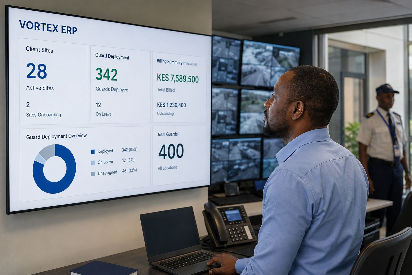 A security operations manager reviewing the VortexERP Enterprise guard-deployment and billing dashboard in a control room