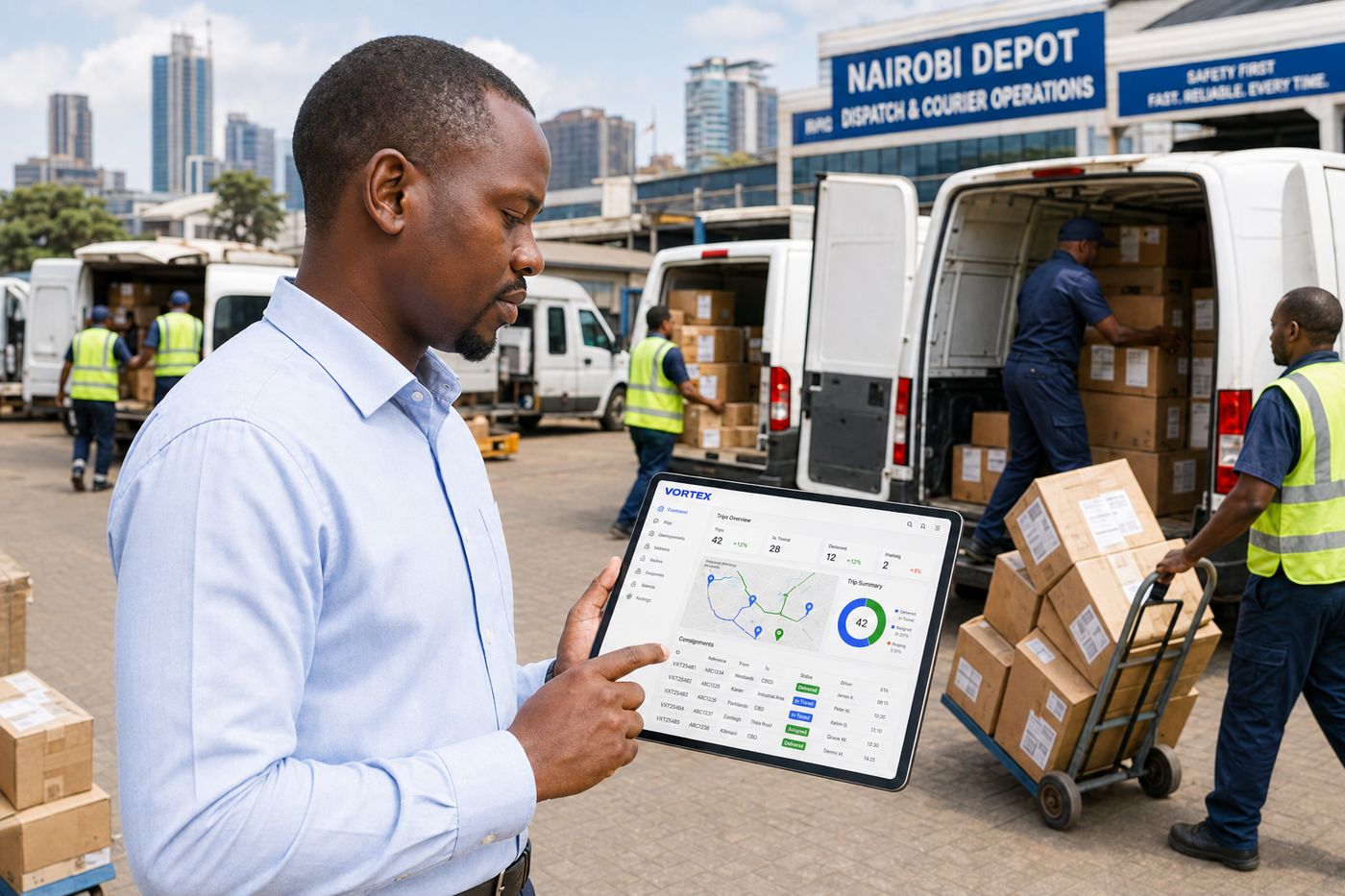 A courier dispatcher tracking consignments on VortexERP Lite transport software
